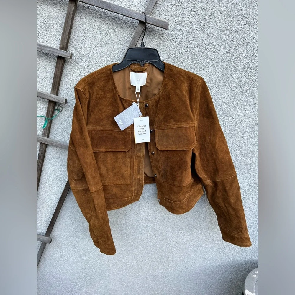 NWT! H&M Brown Suede Leather Jacket - Picture 10 of 16
